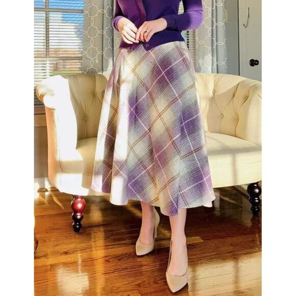 Womens Long Pure PurpleElastic Waist A-Line Pleated Tartan Long Plaid Wool Skirt - Picture 2 of 8